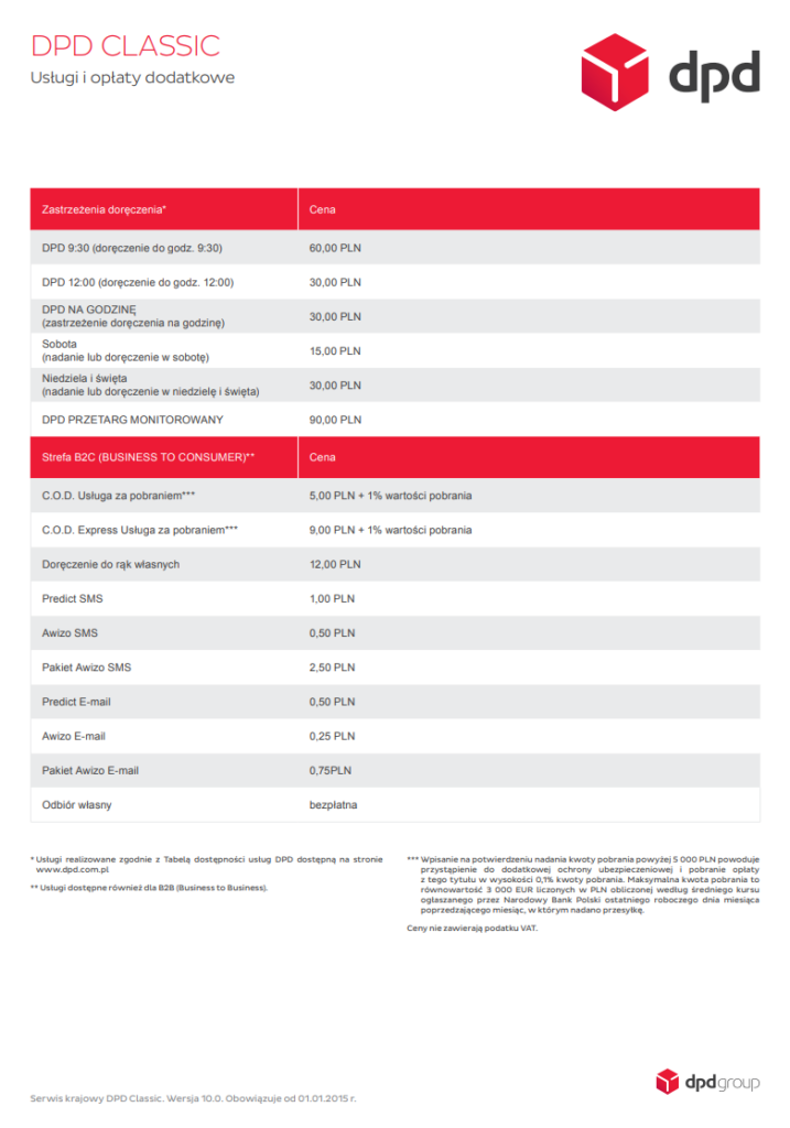 cennik usług dodatkowych kuriera DPD