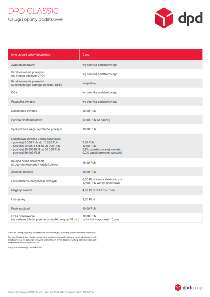 cennik usług dodatkowych kuriera DPD